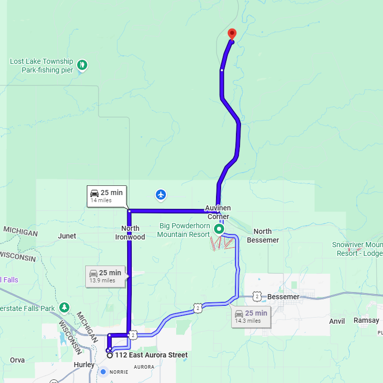Google map directions from Downtown Ironwood to Copper Peak.